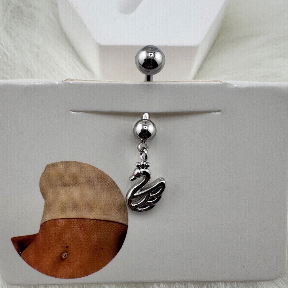 Silver Tone Swan Dangle Belly Button Ring Curved Barbell Body Jewelry